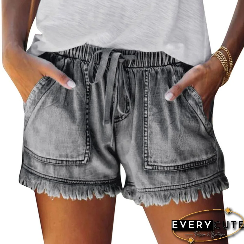 Ladies Elastic Waist Casual High Waist Slim Thin Denim Shorts Hot Pants