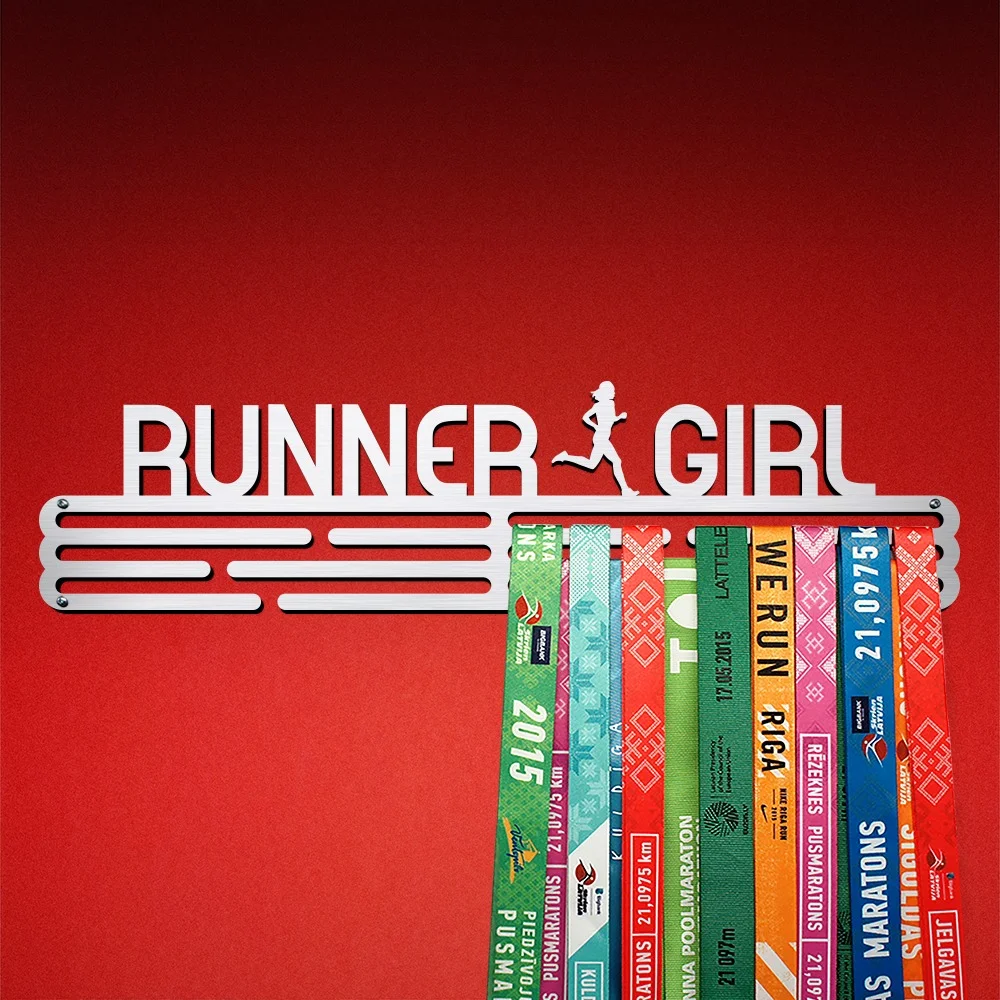 RUNNER GIRL Medal Hanger Display – Brushed Stainless Steel – Large / 430mm / 48 Medals