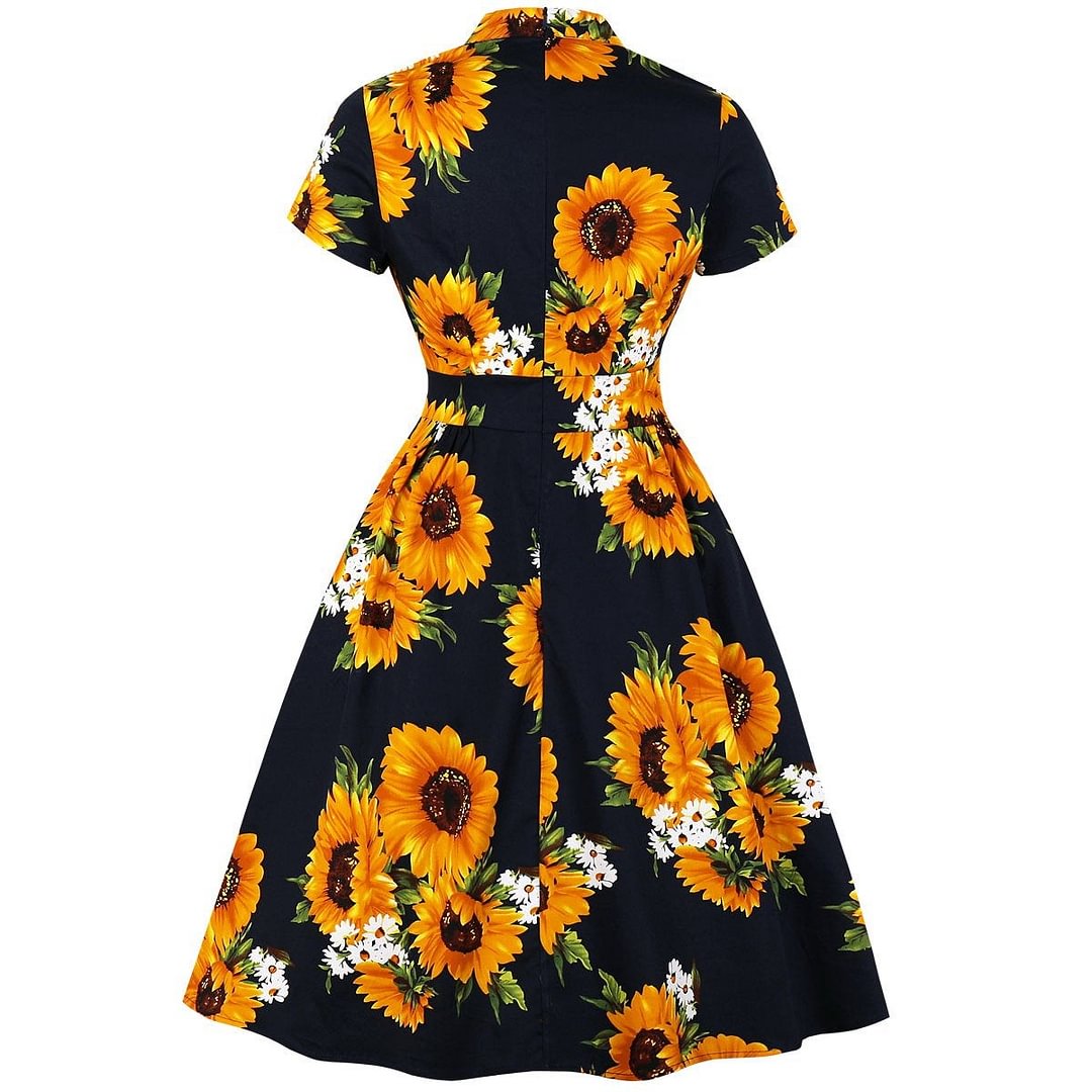 Slim Models Sunflowers Pocket V-neck Waist Big Swing Dress