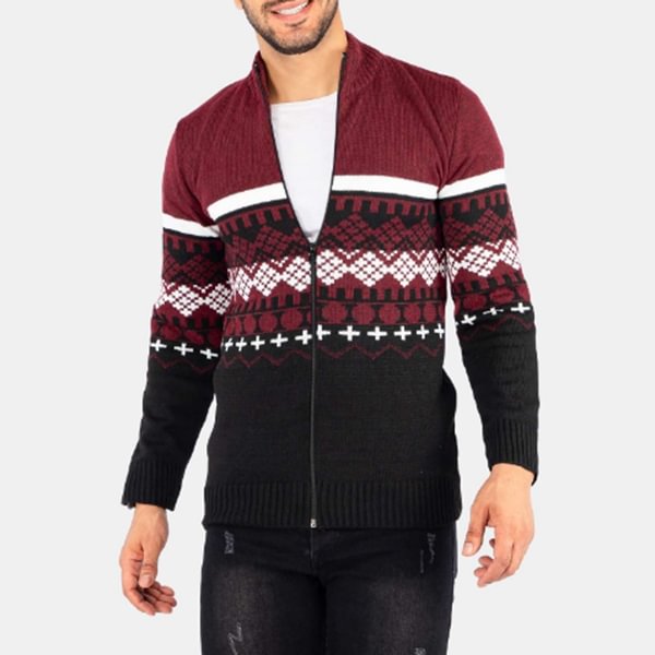 Men's Zip Open Striped Contrast Knit Cardigan Sweater