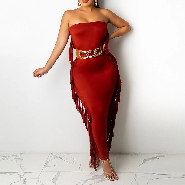 Solid off shoulder tassel design maxi dress without belt
