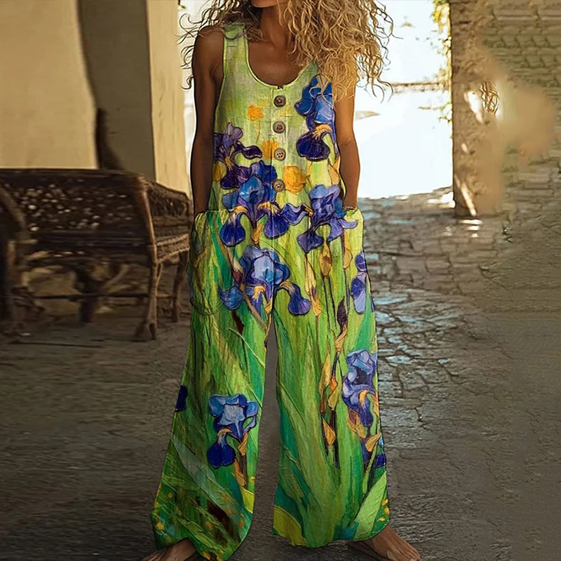 Comstylish Women's Iris Print Wide Leg Jumpsuit