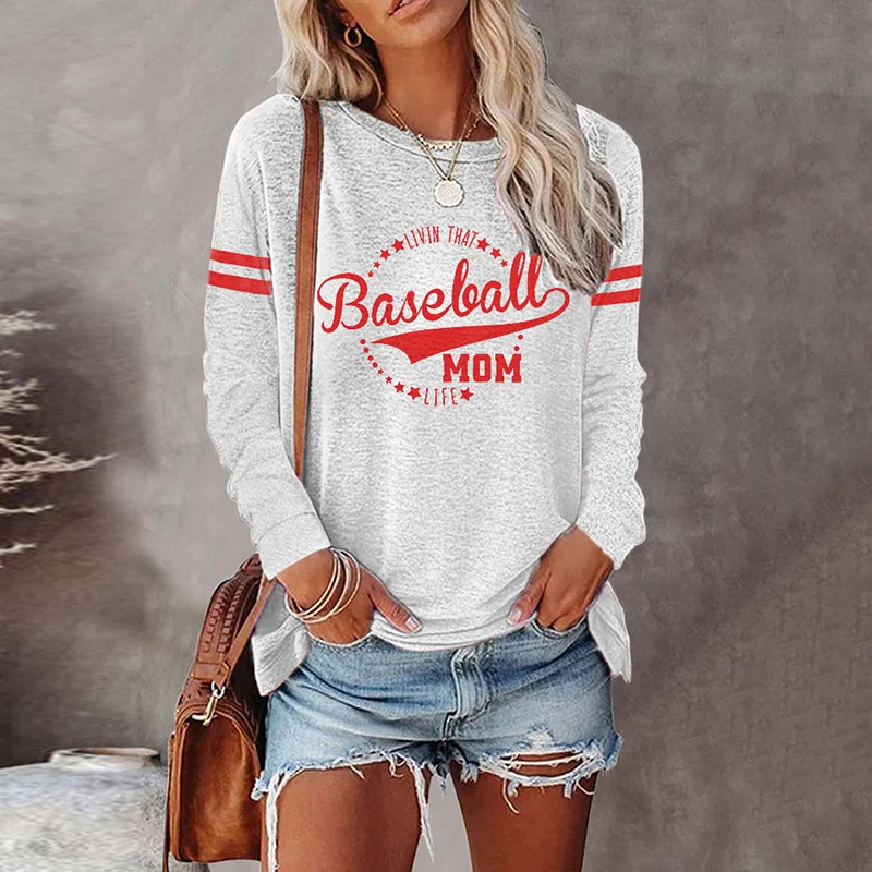 Baseball Mom Print Long Sleeve T-Shirt