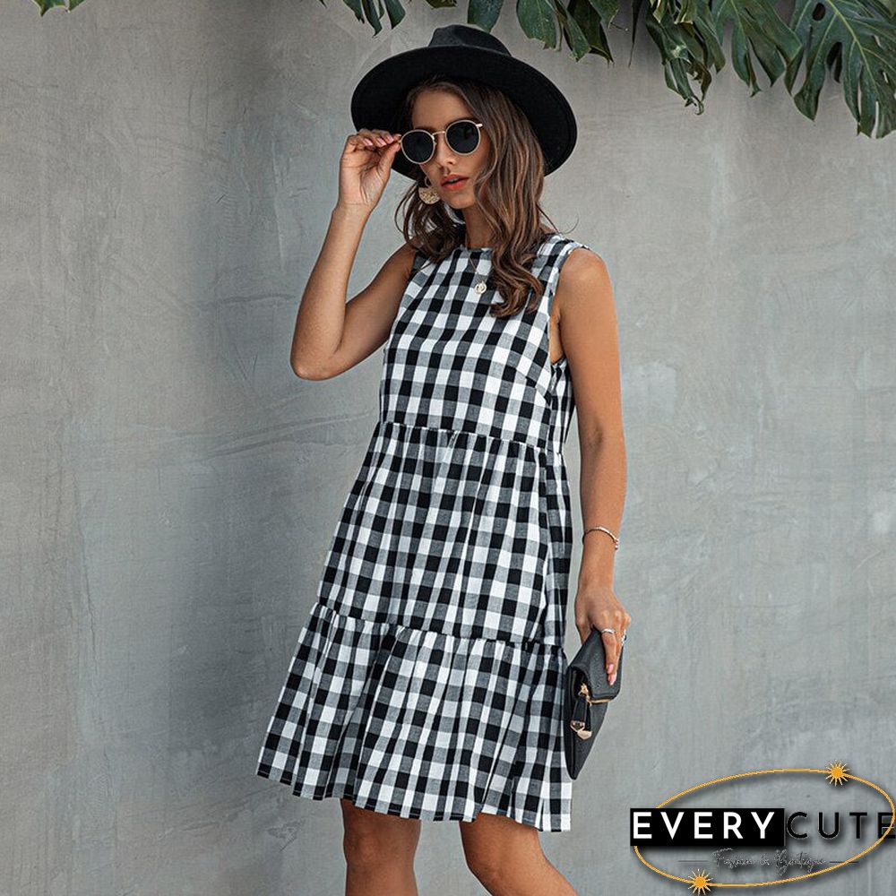 Summer Loose Plaid Dress Women Casual Cotton O-neck Patchwork Sleeveless Dress NEW