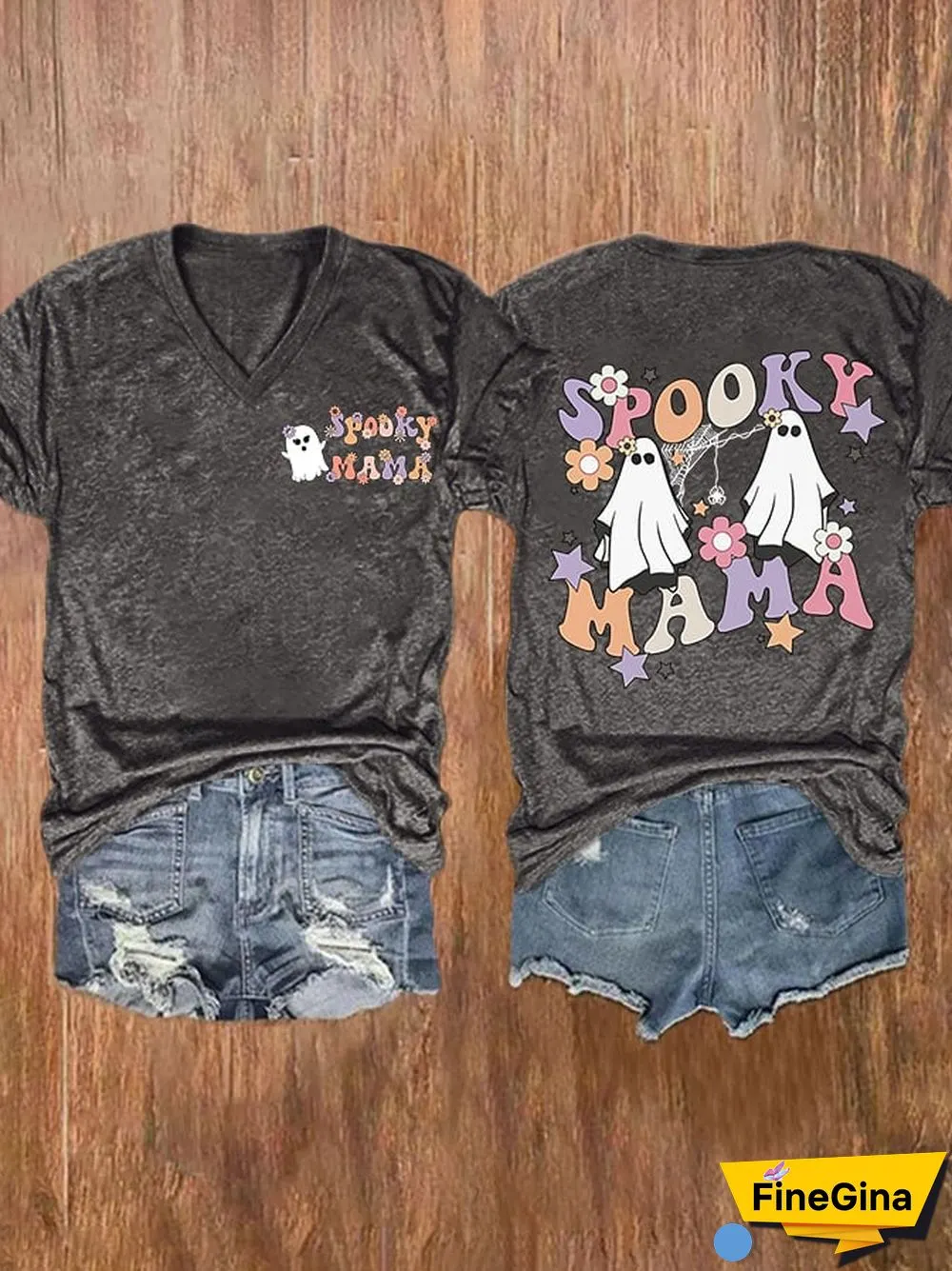 V-neck Halloween Spooky Mama Flower Print T-Shirt
