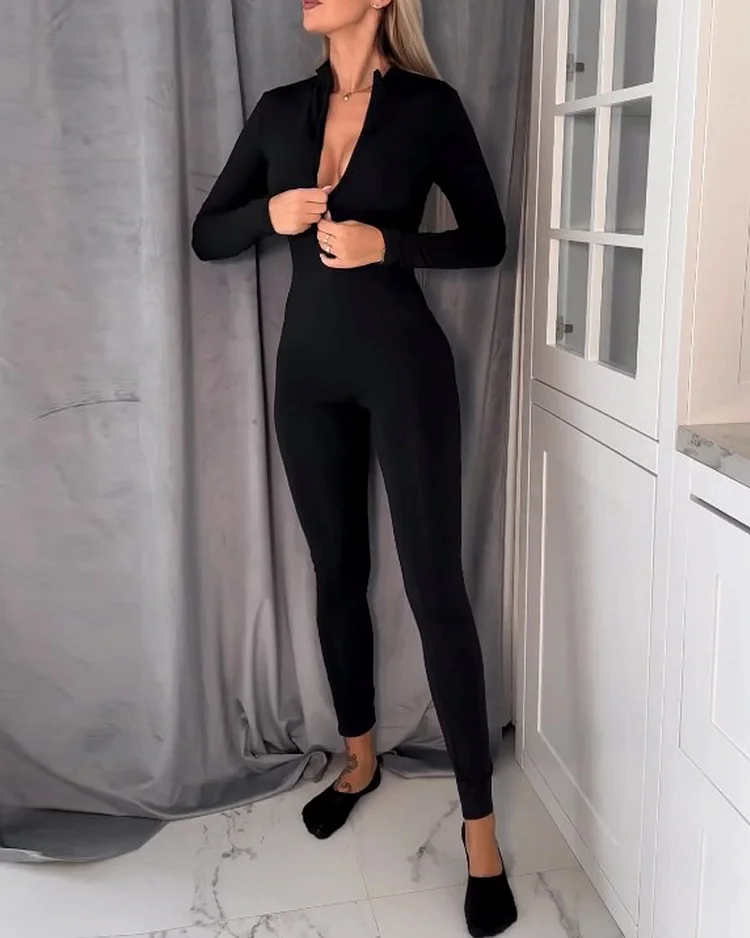 Casual long sleeve solid color slim fit jumpsuit
