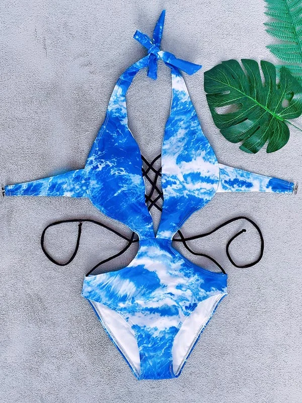 Gradient Printed Bandage Backless One-Piece Swimwear 