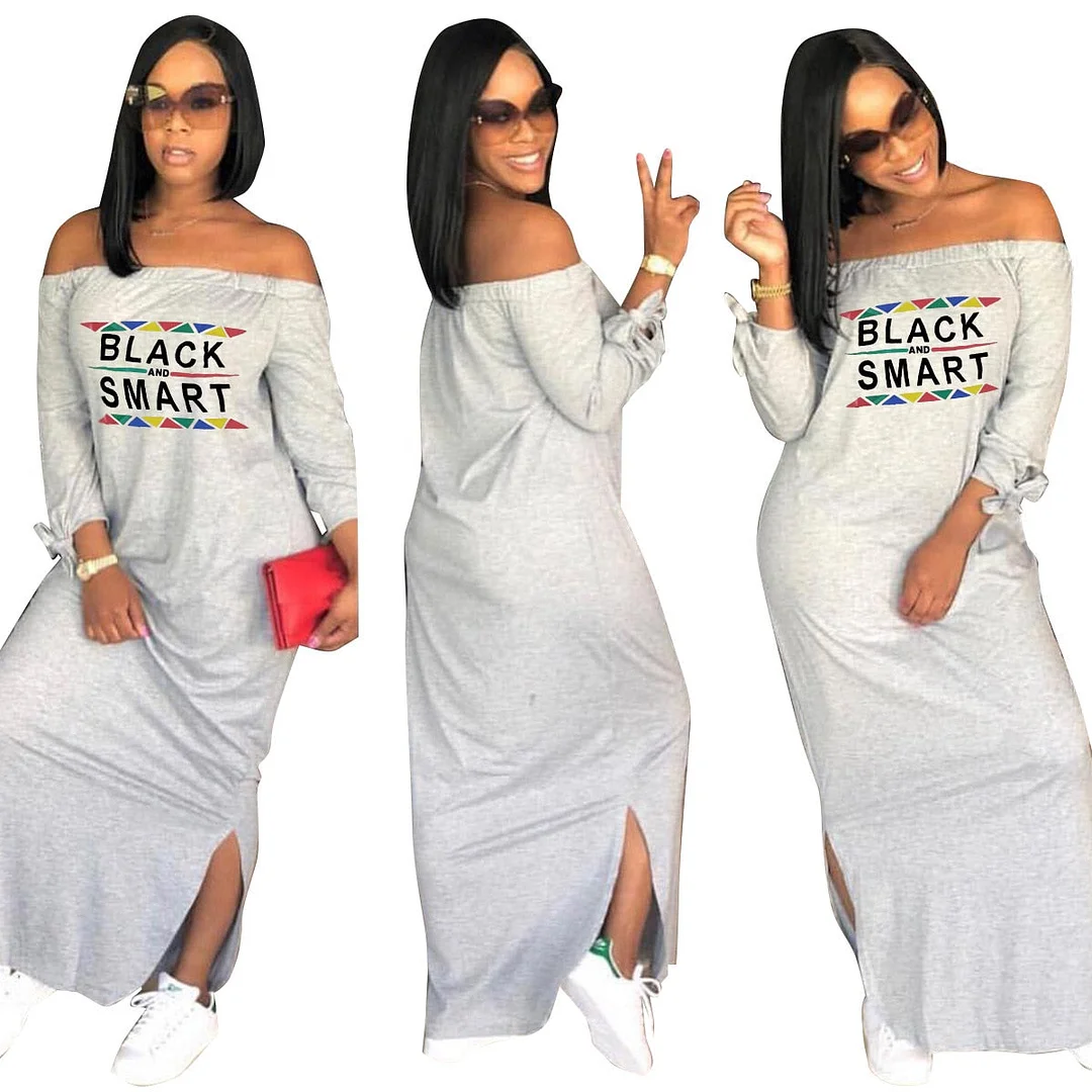 Fashion Sexy Slash Neck Ladies Solid Color Letter Printing Long Dress Home Casual Street Loose Large Size Dress