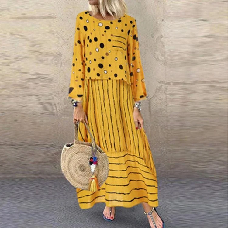 Polka Dot Plus Size Loose Fake Two-Piece Cotton and Linen Dress