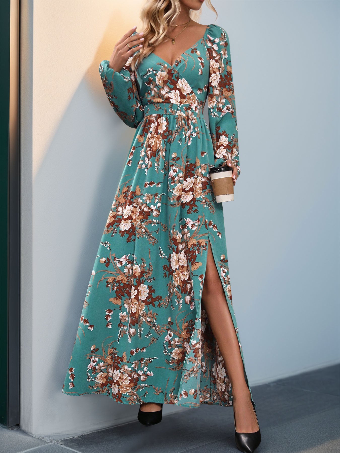 Women's Long Sleeve V-neck Floral Printed Slit Midi Dress
