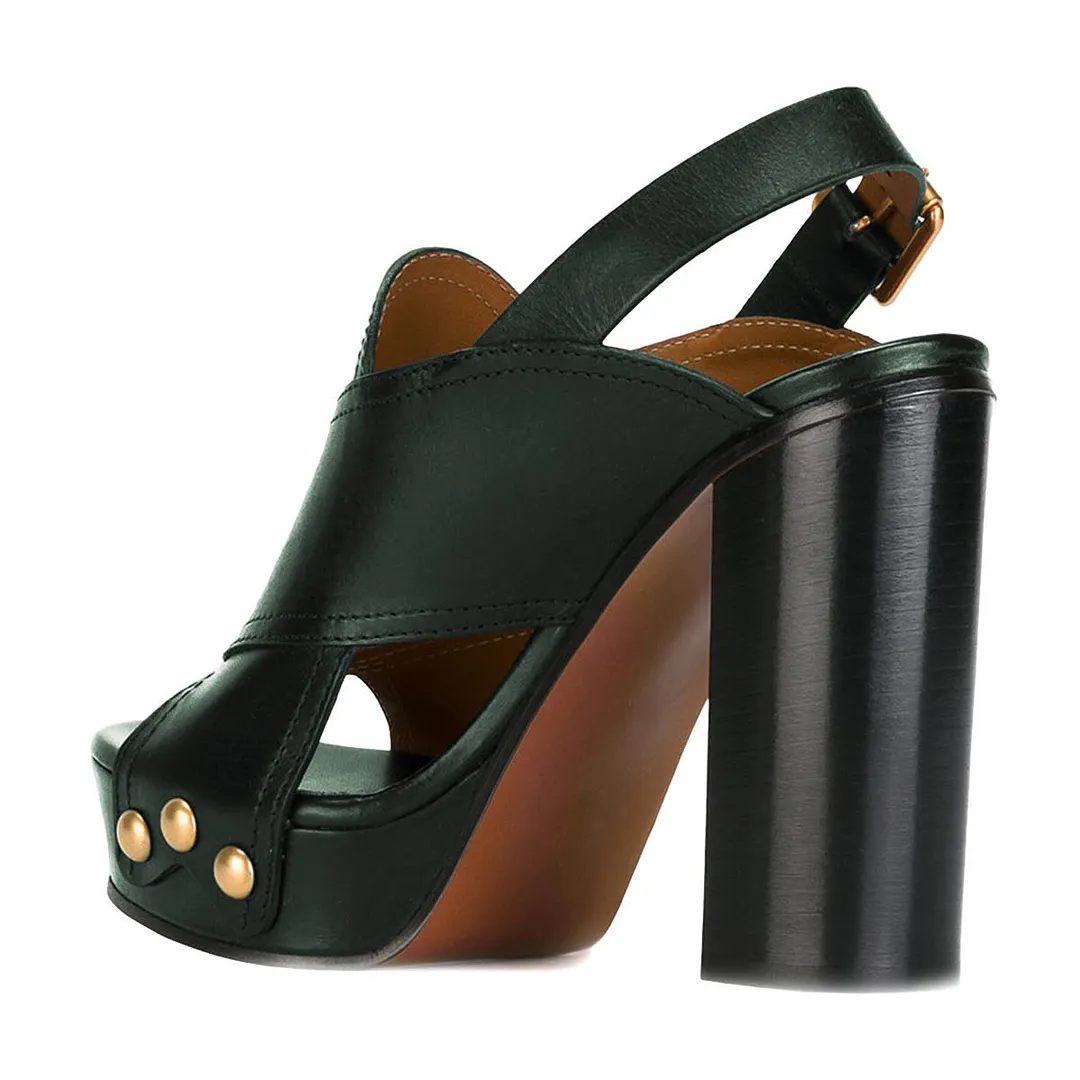 Green Studded Cutout Open Toe Block Heel Slingback Platform Sandals