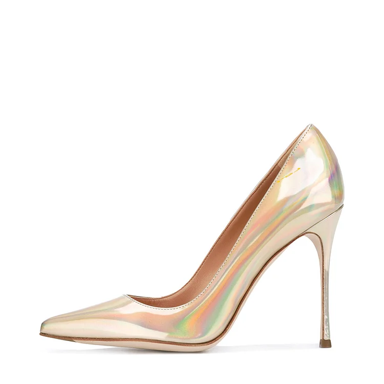 Gold Glossy Pointed Toe Office Stiletto Heels; Vdcoo