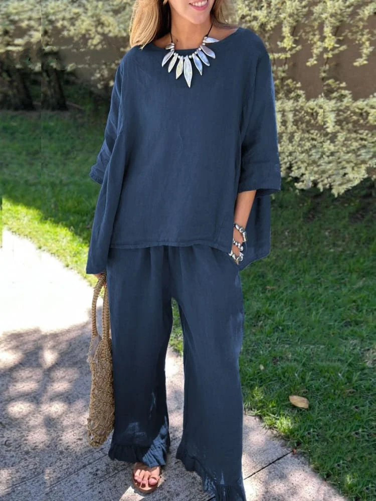 Women's 2024 Casual Cotton Linen 2Piece Set Mid Sleeve Crew Neck Top and Wide Leg Ruff Pants