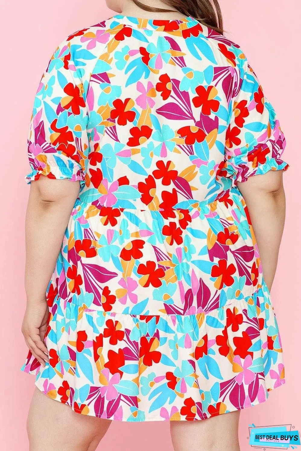 Multicolour Floral Tiered V Neck Plus Dress