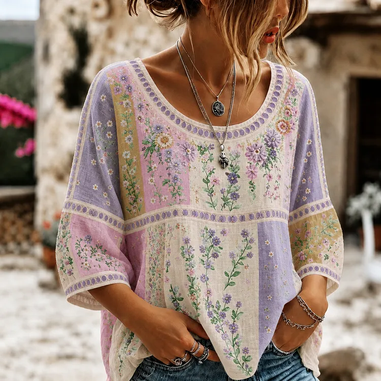Women's Vintage Floral Embroidered Patchwork Art Crew Neck Linen Blend T-shirt