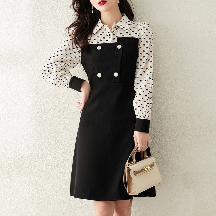 Long Sleeve Buttoned A-Line Polka Dots Dresses