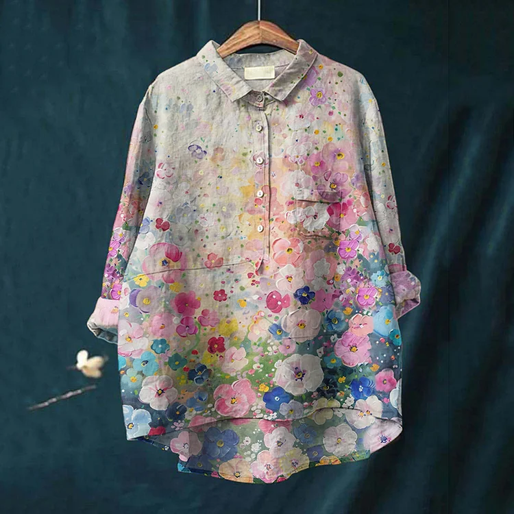 Vintage Flowers Oil Painting Art  Print Casual Cotton And Linen Shirt