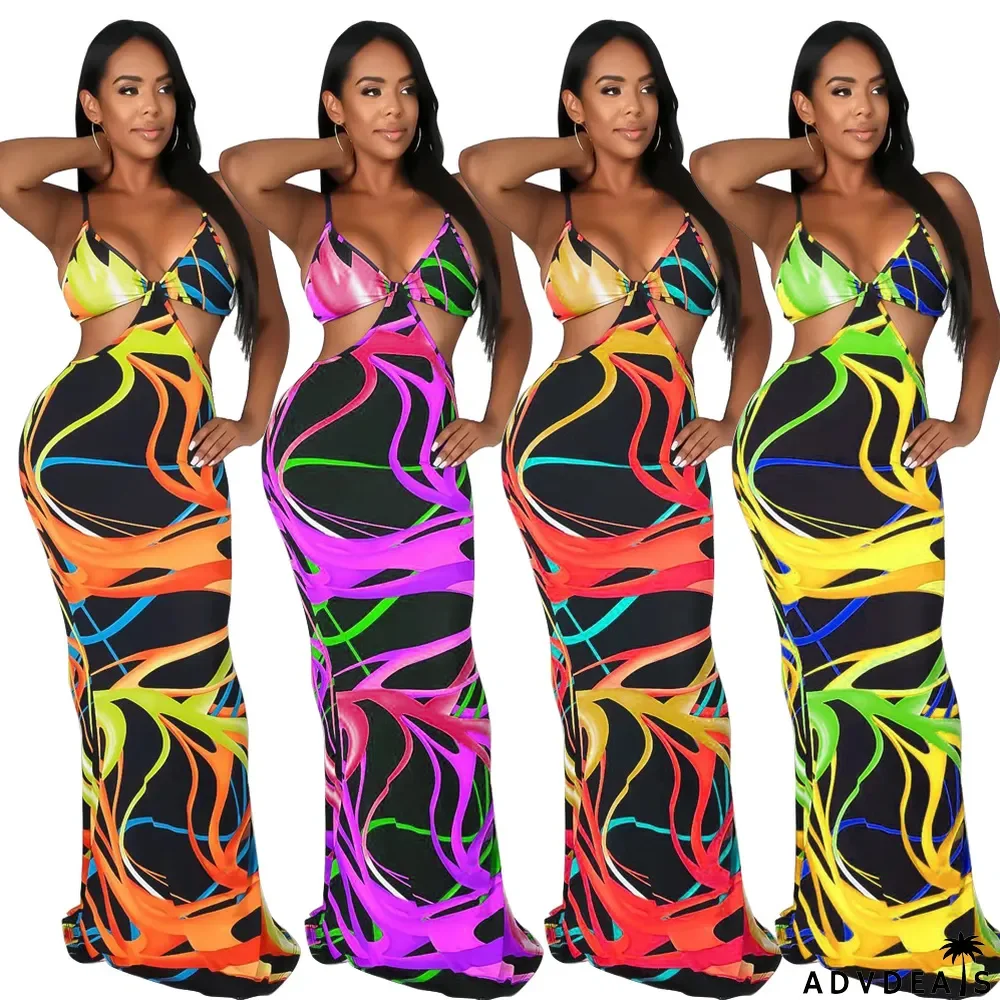 Sexy Print Sleeveless Sling Maxi Dress