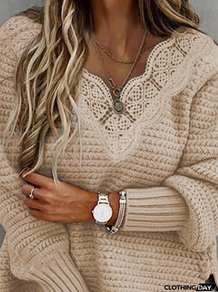 Women's Sweaters Lace Stitching V-Neck Long Sleeve Sweater