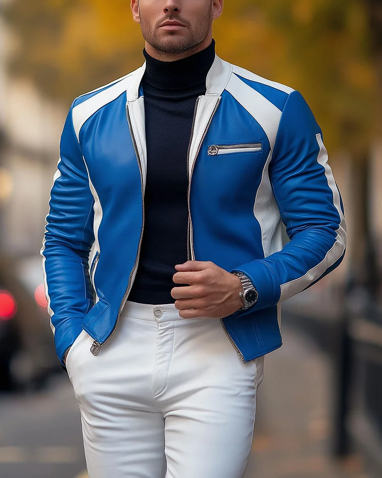 Men’s Stylish Colorblock Leather Long Sleeve Jacket