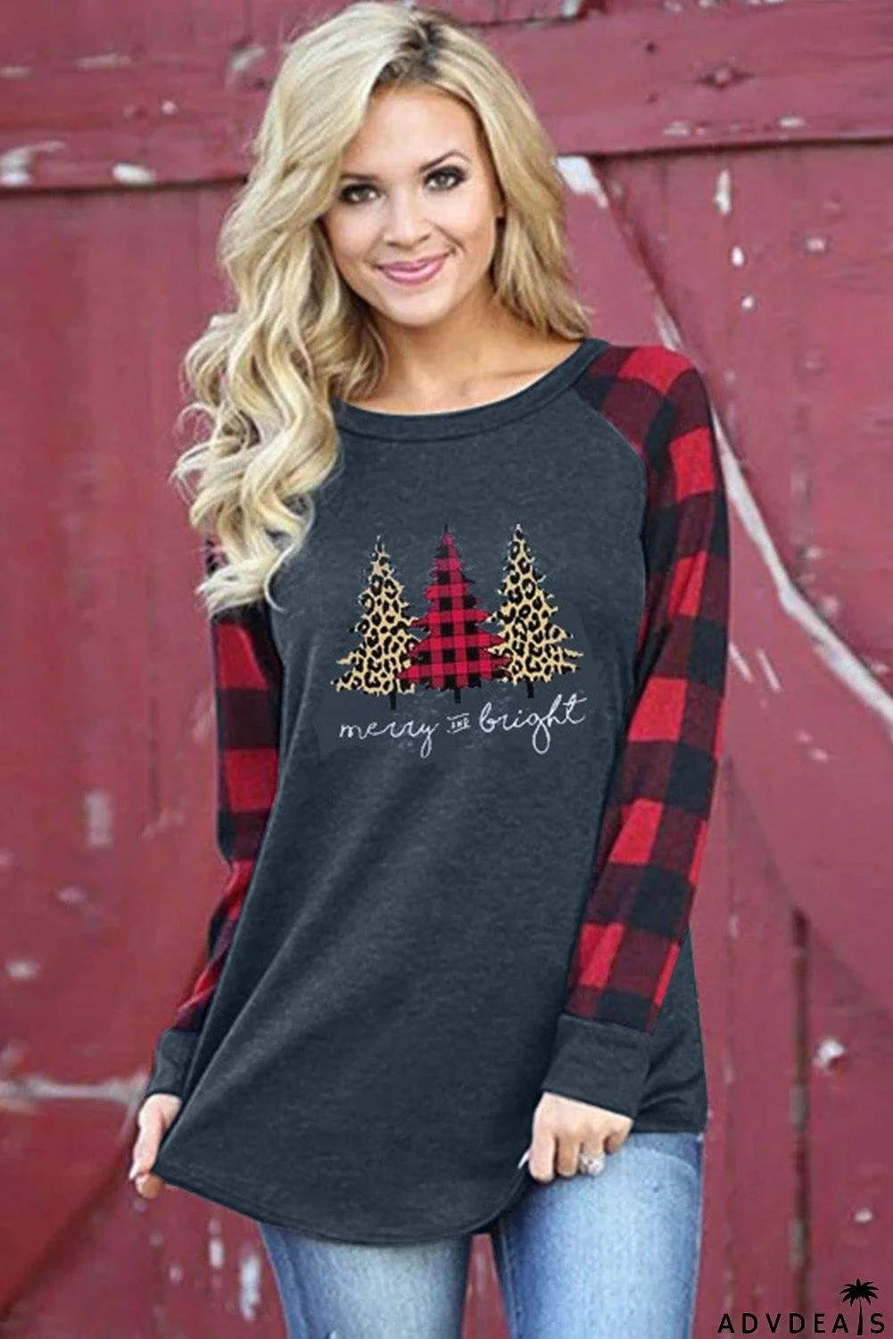 Christmas Pattern Plaid Splice Long Sleeve Top