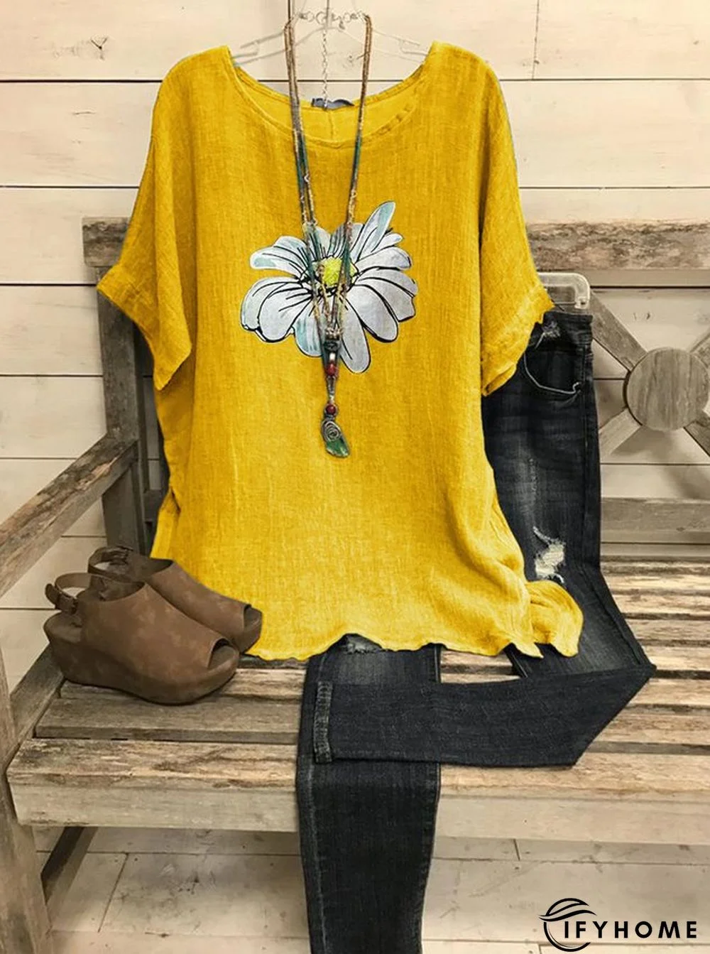 Summer Scoop Neck Casual Loose Daisy Printed T-Shirt | IFYHOME