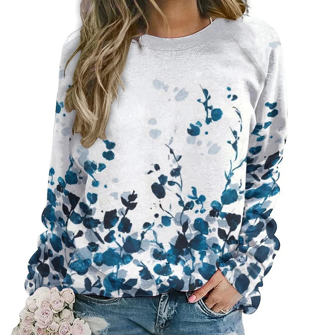 Printed Long Sleeve Casual Sweatshirt for  Women and Men Unisex Pattern Hearts, Floral, Blue, Watercolor