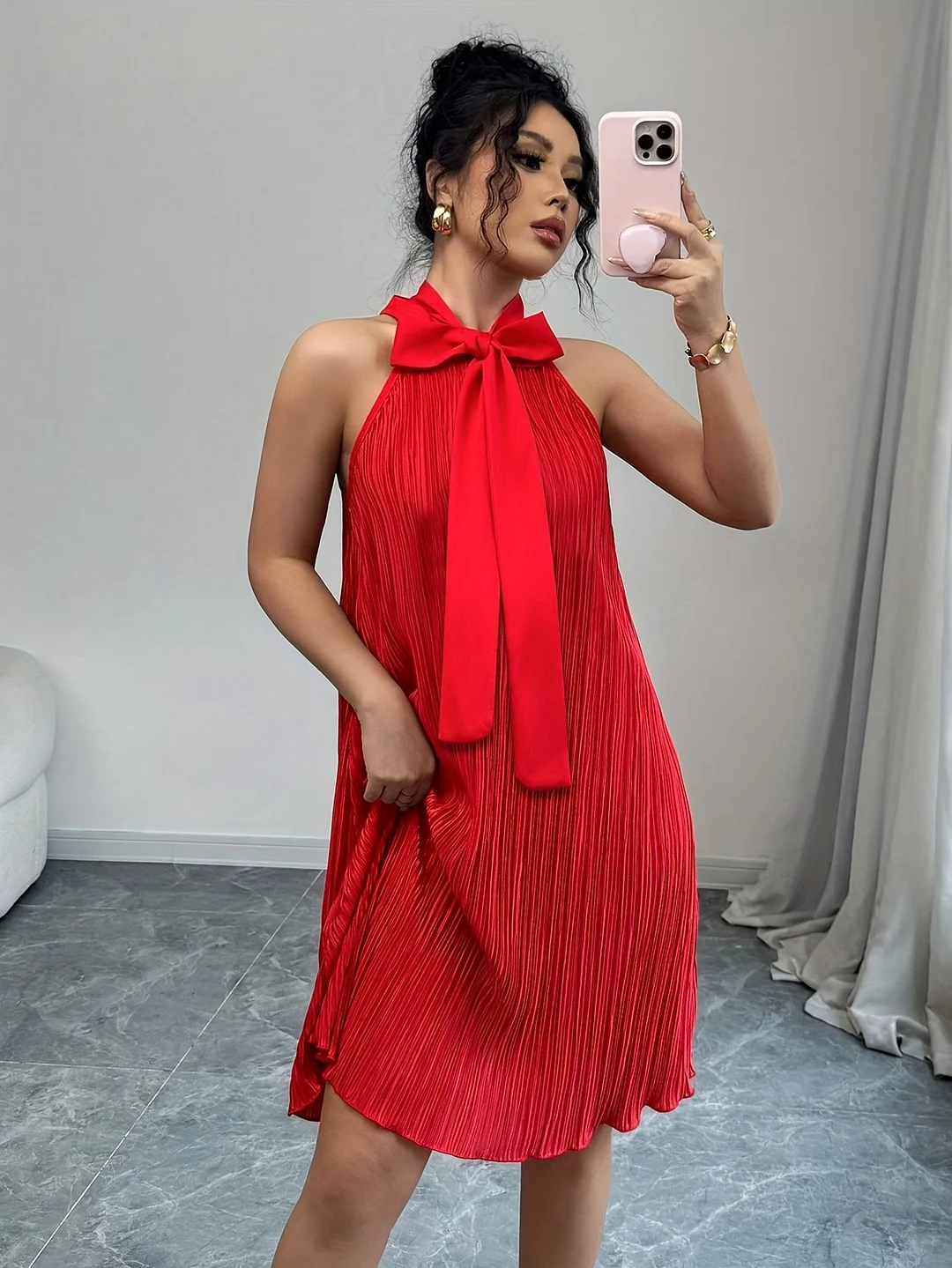 Elegant French Style Red Halter Neck Sleeveless Dress With Bow Detail - Perfect For Spring/Summer, Adult Women's Fashion, Casual Attire | Peplum Hemline | Halter Neckline | IFYHOME