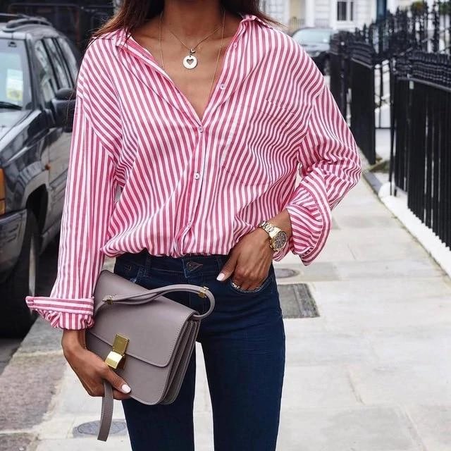 Women Sexy Striped Shirt Loose Autumn Fall Casual Ladies Plus Size Blouses Top