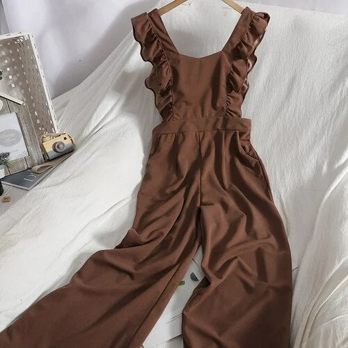 FTLZZ Spring New Arrival Women Casual Solid Jumpsuit Office Lady Sleeveless Ruffle Sexy Top Long Wide Leg Pants Outfits