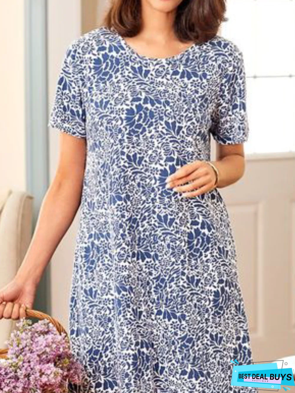 Plus size Printed Short Sleeve Weaving Dress