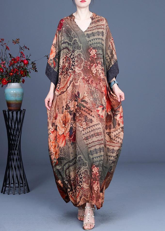 French Chocolate Print V Neck Oversize Summer Silk Long Dress
