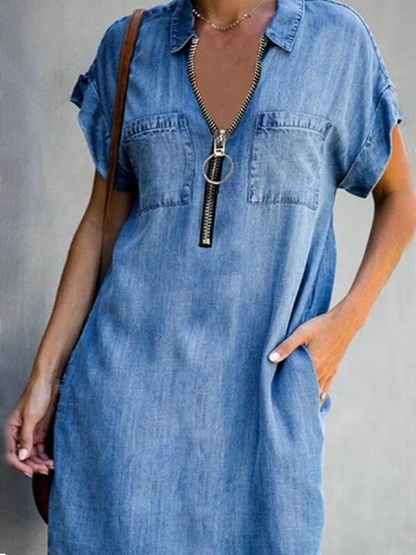 Women's Loose Fashion V-neck Short Sleeve Pockets Zipper Midi Dress