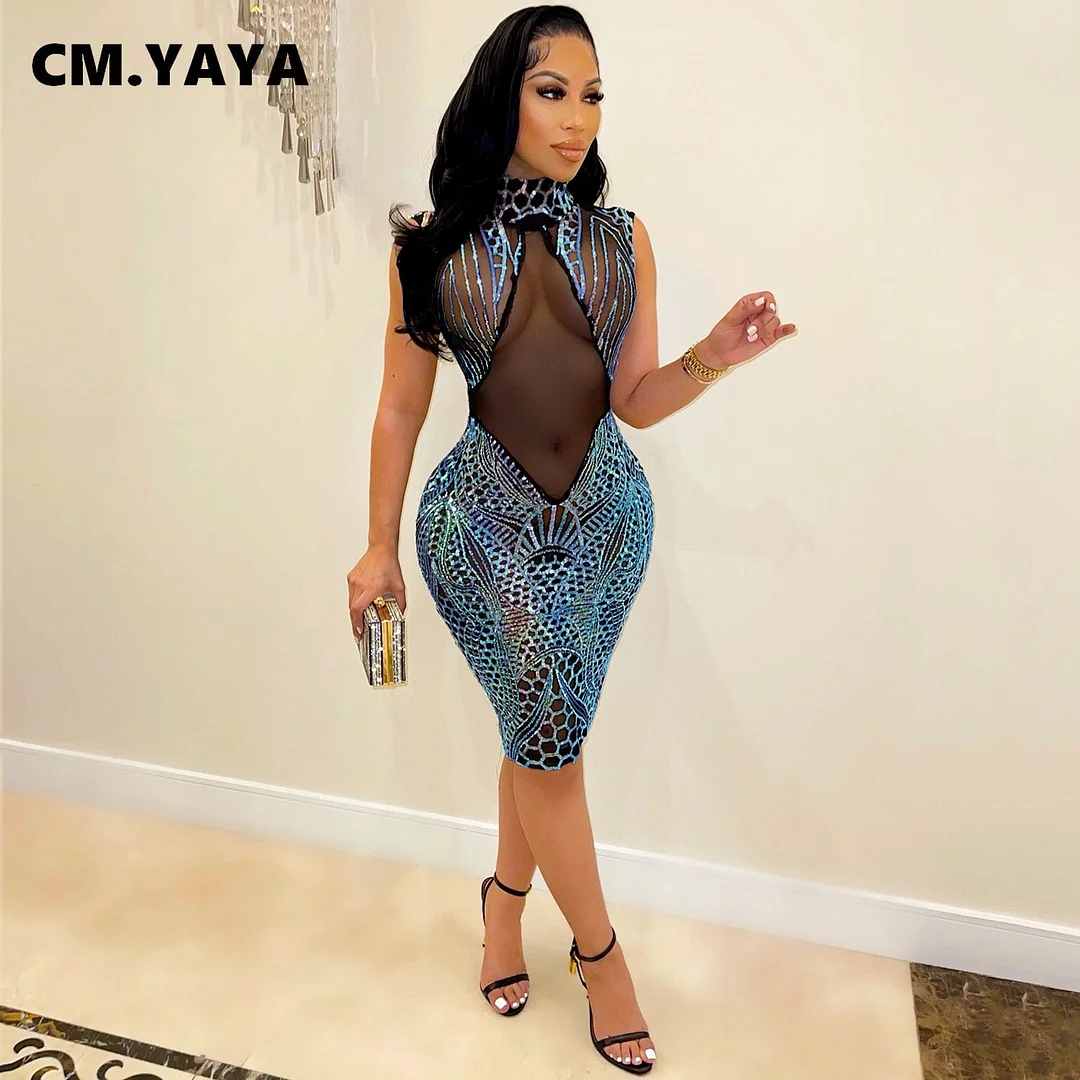 CM.YAYA Women Sequined Paisley Mesh See Though Stand Collar Bodycon Midi Dress Sexy Party Club Night Pencil Dresses