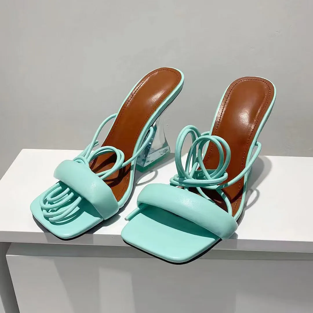  Women Sandals High Heeled Ankle Strap Transparent Heel Square Toe Lace Up Sexy Summer New High Heel Sandals