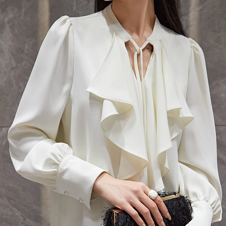 Beige Puffle Front Flounce-Trimmed Long Sleeve Blouse QueenFunky