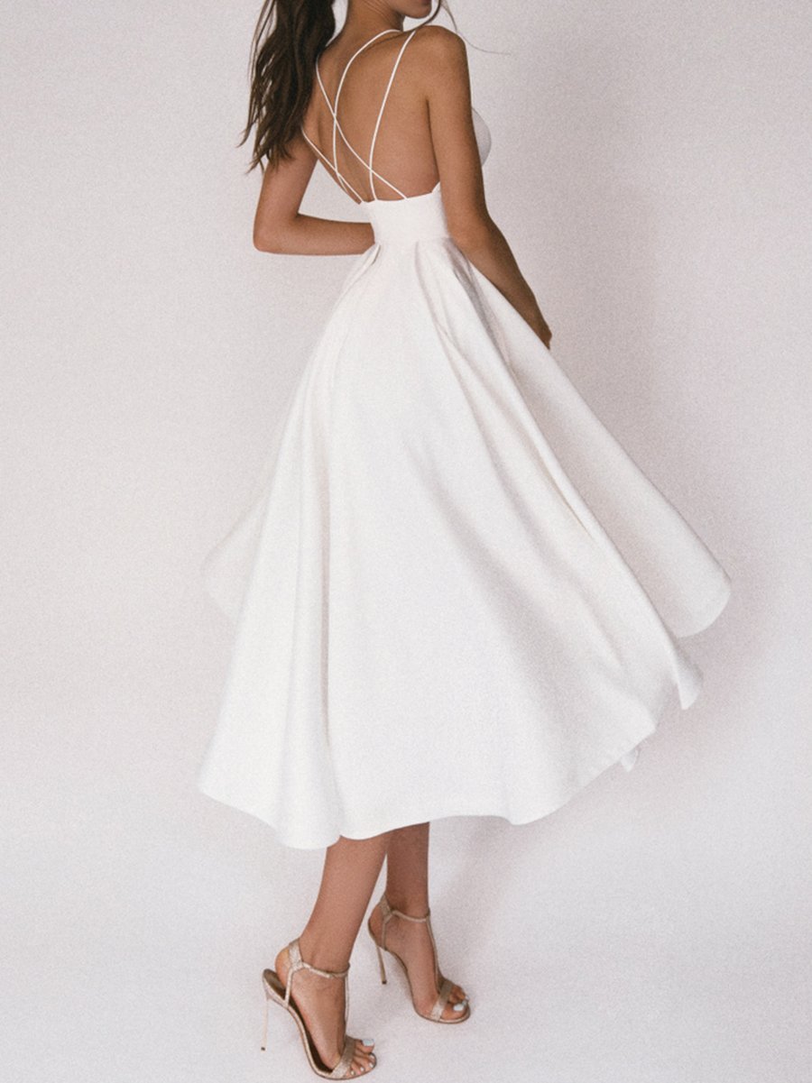 Dark V- Neck Strappy Dress with Asymmetrical Hem