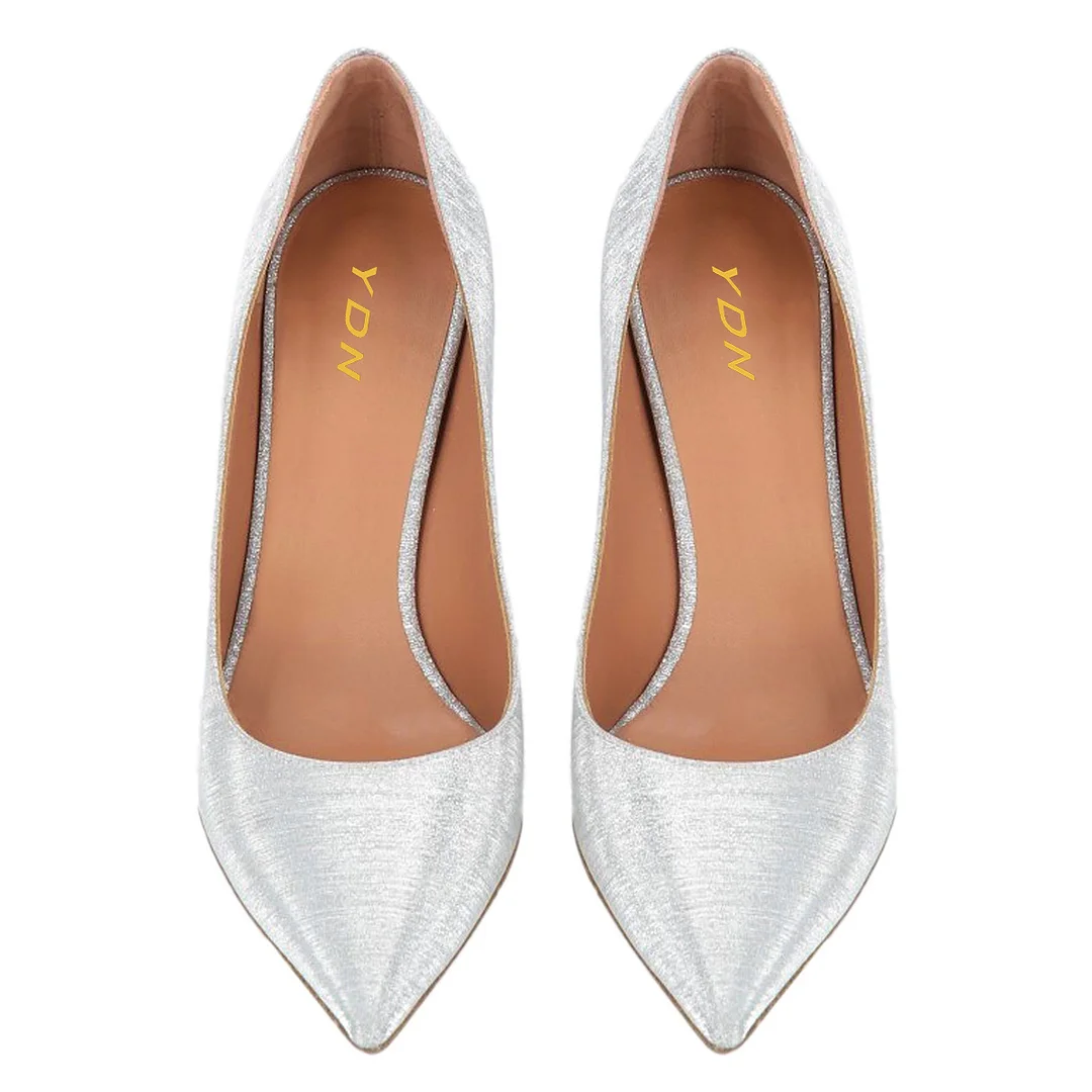Silver Glittery Touch Pointed Toe Flared Heel Women's Bridal Pumps