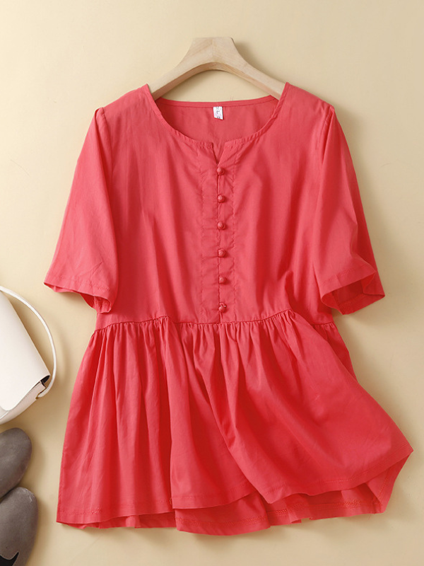 Women's Cotton Linen Shirt Crew Neck Pleated Puffle Hem Solid Blouse