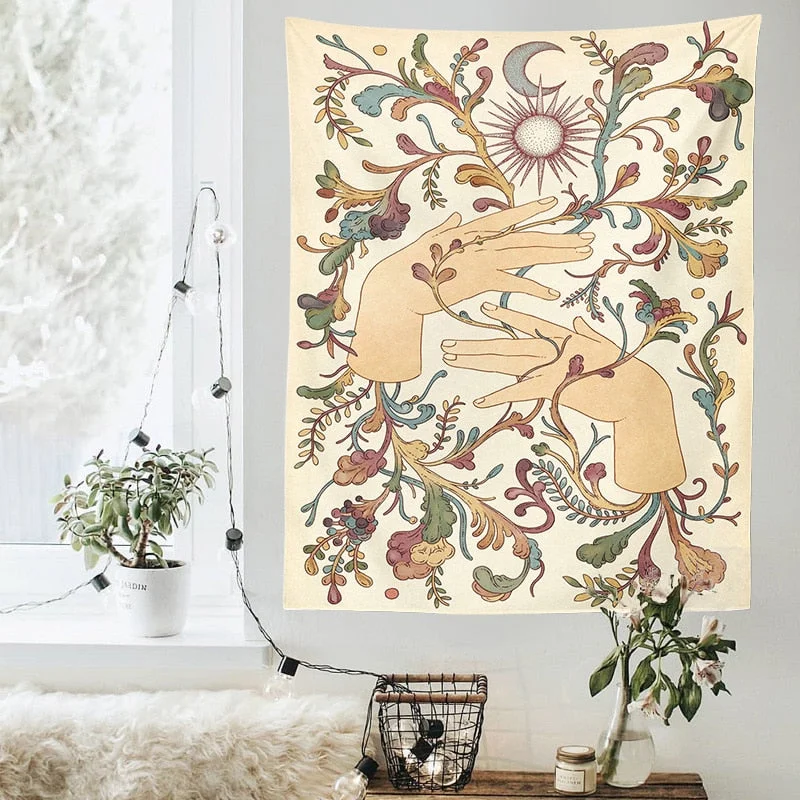 Sun and Moon Tapestry Wall Hanging Botanical Celestial Floral Wall Tapestry Hippie Flower Wall Carpets Dorm Decor moon decor