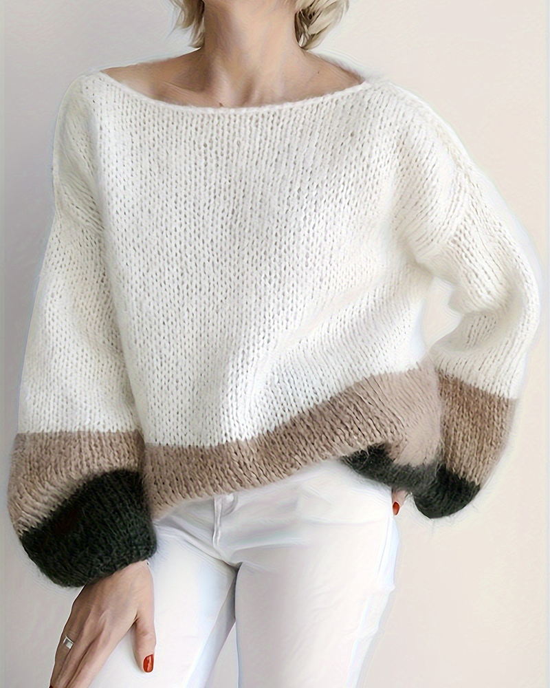 Off The Shoulder Colorblock Long Sleeve Loose Sweater