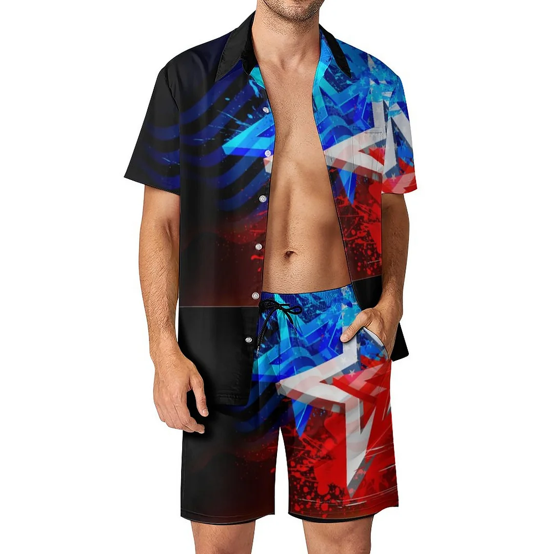 Patriotic Fourth Of July Veterans Day Men Hawaiian 2 Piece Outfit Button Down Beach Shirt Shorts Set Tracksuit with Pockets