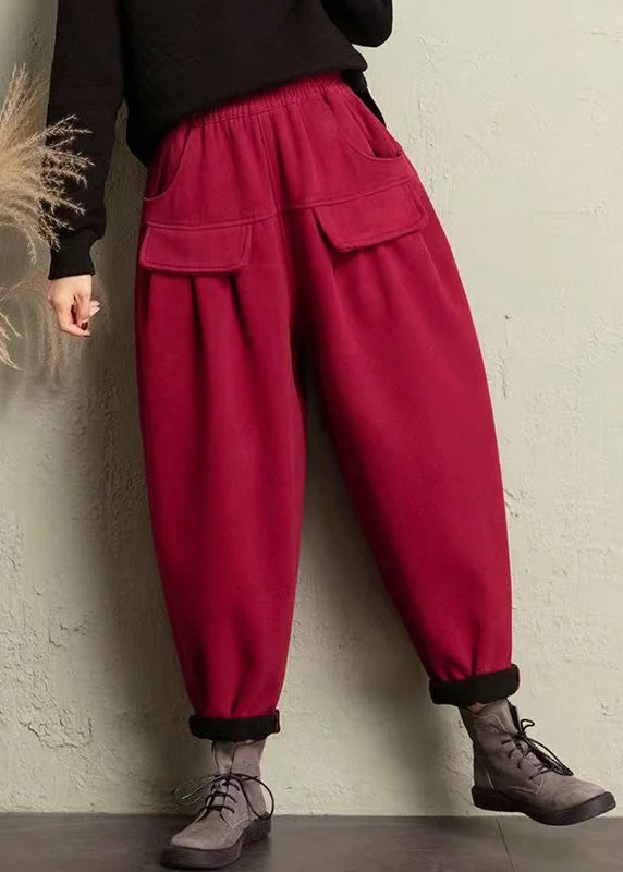 Women Red Pockets High Waist Cotton Pants Spring