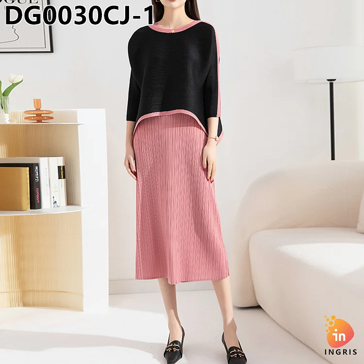 pleated suit for women 2024 new autumn fashion color block round neck top slit skirt two-piece set-DG00030CJ