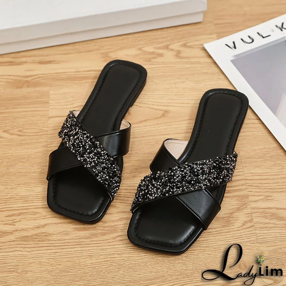 Summer Beach Outdoor Wear Sequined Flat Women's Shoes Retro Cross Strap Sandals and Slippers