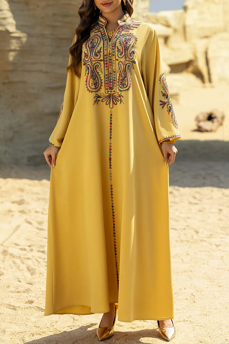 Stand Collar Multicolor Cord Embroidery Kaftan Maxi Dresses-Yellow