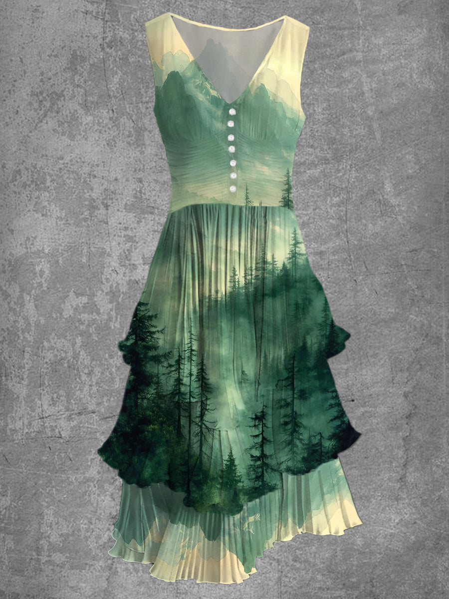Nature Forest Print Sleeveless V-Neck Button Up Retro Midi Dress