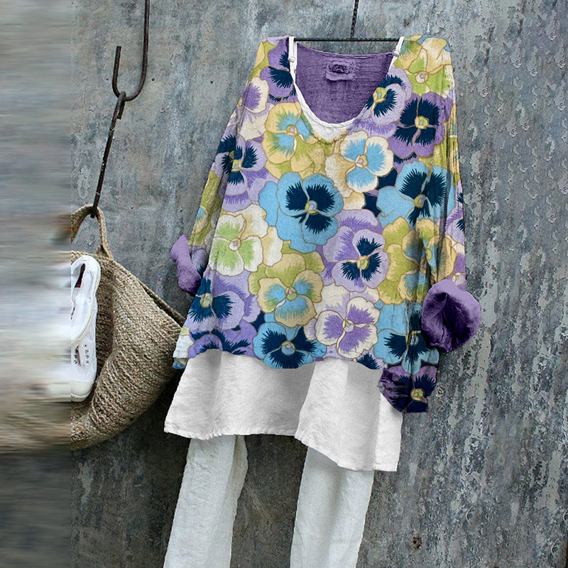 Vintage Japanese Pansy Flowers Art Comfy Linen Tunic wearshes