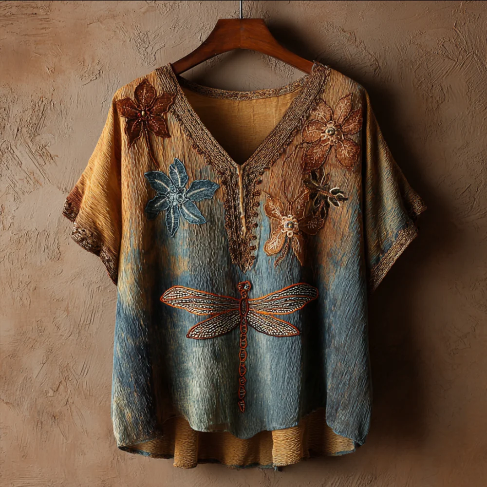 Bohemian Style Plant Dragonfly Embroidery Tie-dye V-neck Short-sleeved Shirt