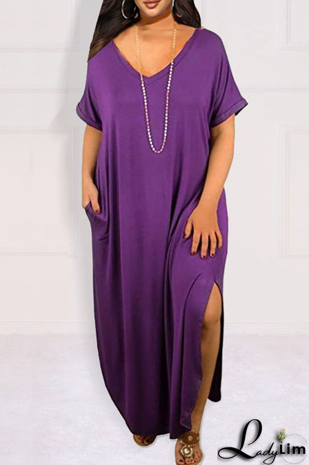 Blue Casual Solid Patchwork Slit V Neck T-shirt Dress Plus Size Dresses
